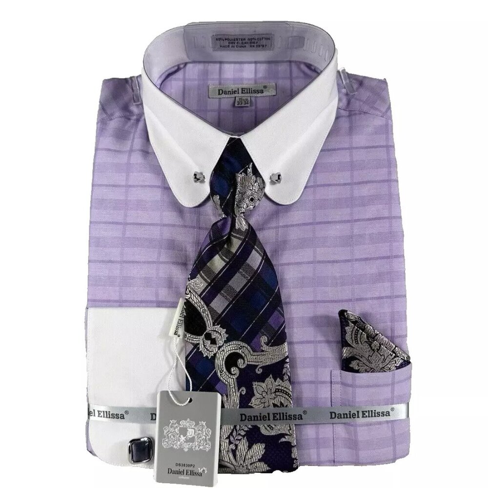 Daniel Ellissa Men's Lilac Dress Shirt Purple Tie Hanky Collar Bar French Cuff
